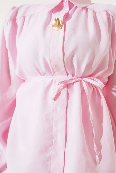 Gizli Düğmeli Kuşaklı Etekli İkili Takım Pembe - Resim 4