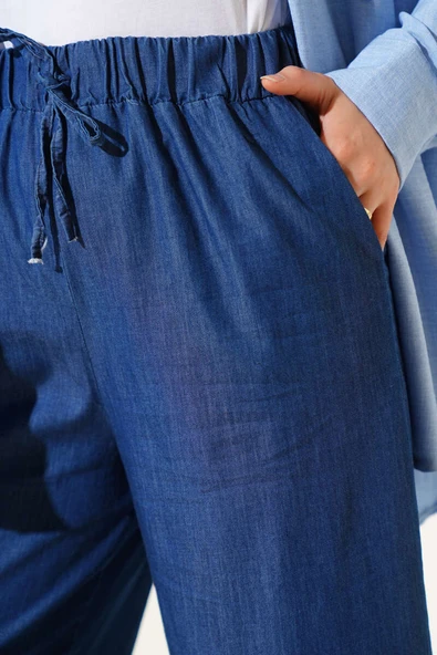 İp Bağcıklı Beli Lastikli Pantolon Kot - Resim 4