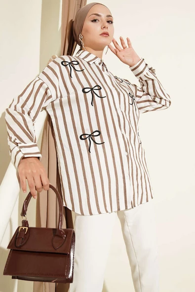 Kurdele Nakışlı Çizgili Gömlek Kahve ürün görseli 1