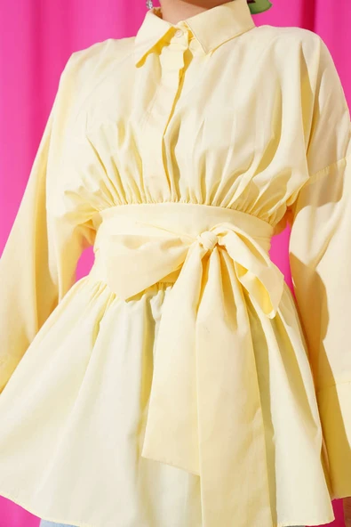 Kendinden Kuşaklı Önü Büzgülü Tunik Sarı - Resim 4