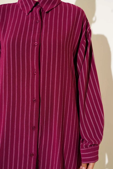 Yanı Yırtmaçlı Çizgili Uzun Gömlek Mürdüm - Resim 4