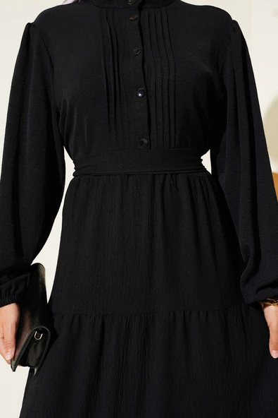 Yarım Piliseli Düğmeli Elbise Siyah - Resim 4