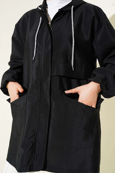 Çift Cepli Gizli Fermuarlı Kap Siyah - Resim 4