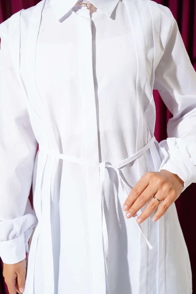 Önü Pensli İp Kuşaklı Tunik Beyaz - Resim 4