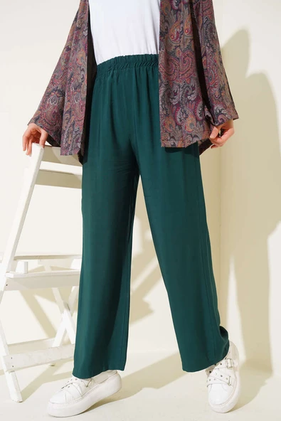 Beli Lastikli Tencel Pantolon Zümrüt - Resim 2