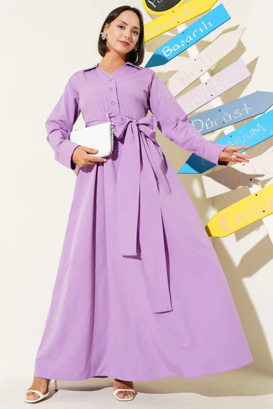 Yarım Düğmeli Bağlamalı Terikoton Elbise Lila ürün görseli 1
