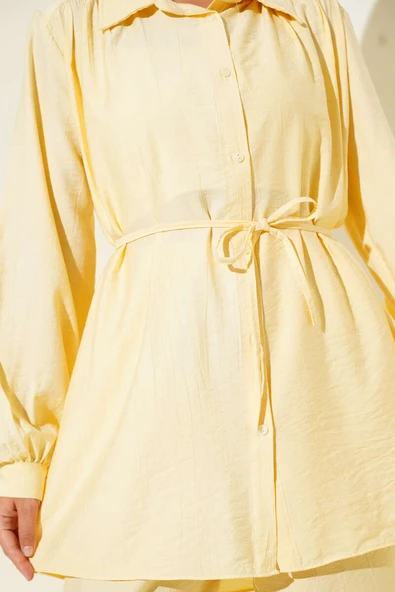 Gömlek Yaka Bel İp Kuşaklı İkili Takım Tereyağ Sarısı - 4