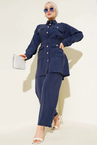 Metal Düğmeli Kemerli İkili Takım Lacivert ürün görseli 1