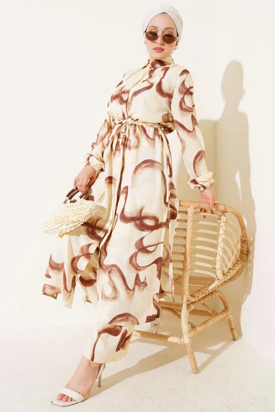 Bel Tünelli Desenli Uzun Gömlek İkili Takım Kahve - Resim 2