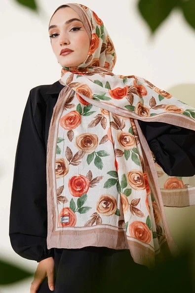 Floral Desenli Bambu Kraş Şal Camel ürün görseli 1