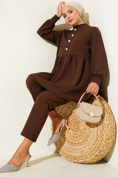 Taş Düğme Detaylı İkili Takım Kahve ürün görseli 1