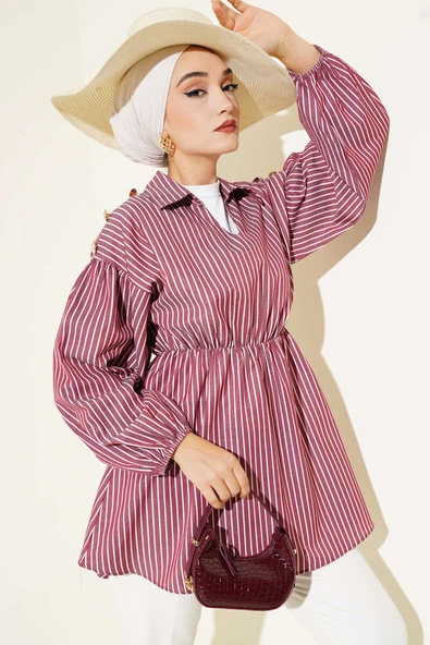 Çizgili Balon Kol Bel Lastikli Tunik Bordo ürün görseli 1