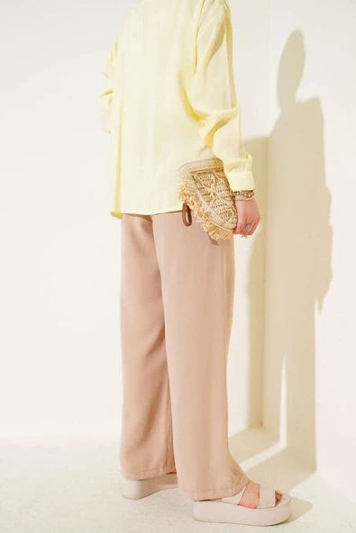 Bel Lastikli Tencel Pantolon Latte - Resim 3