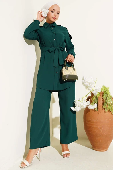 Belden Bağlamalı Omuz Düğmeli İkili Takım Zümrüt ürün görseli 1