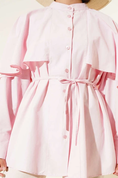 Pelerinli İp Kuşaklı Gömlek Pembe - Resim 4