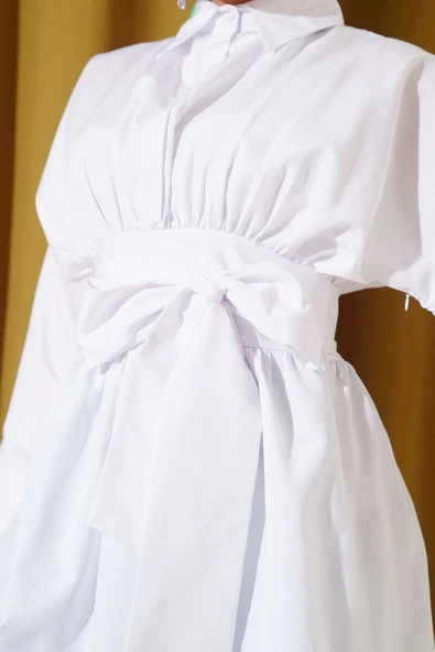 Kendinden Kuşaklı Önü Büzgülü Tunik Beyaz - Resim 4