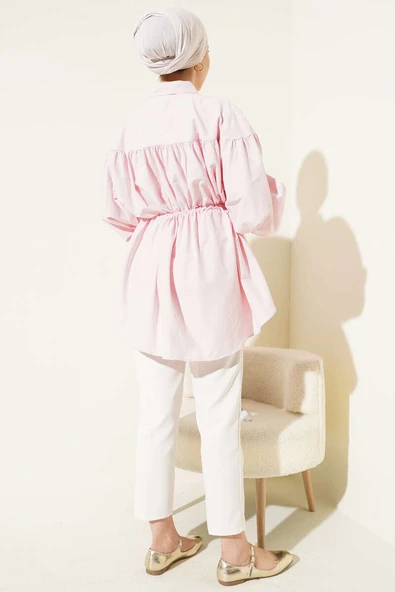 Bel Tünelli Büzgü Detaylı Gömlek Pembe - Resim 3