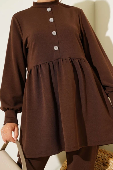 Taş Düğme Detaylı İkili Takım Kahve - Resim 4