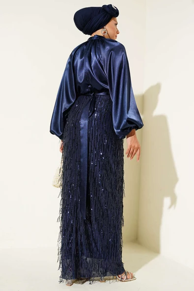 Kuşaklı Pul Payetli Abiye Elbise Lacivert - Resim 3