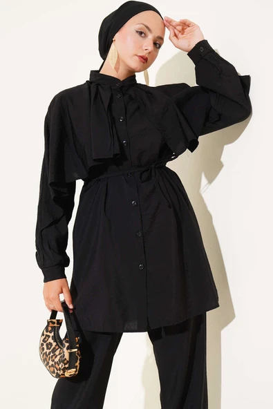 Omuz Fırfır Pelerinli İkili Takım Siyah - Resim 2