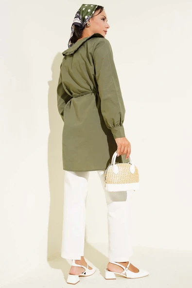 Yaka Fırfırlı Fiyonklu Tunik Haki - Resim 3