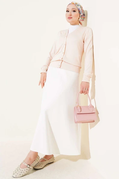 Düğmeli Kısa Viskon Hırka Bej - Resim 2