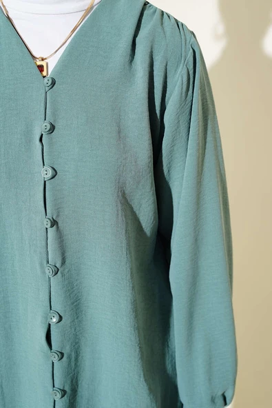 V Yaka Brit Düğmeli Ayrobin İkili Takım Çağla Yeşili - Resim 4