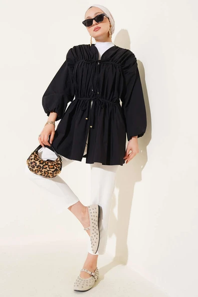 Büzgülü Önden Bağlamalı Kimono Siyah - Resim 2