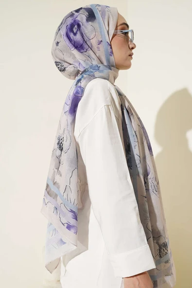 Çiçekli Şerit Geçiş Detaylı Şal Bej - Resim 3