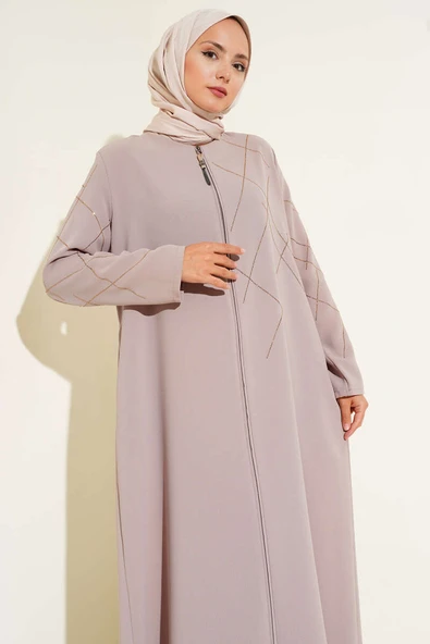 Baklava Desen Taşlı Fermuarlı Ferace Bej - Resim 2