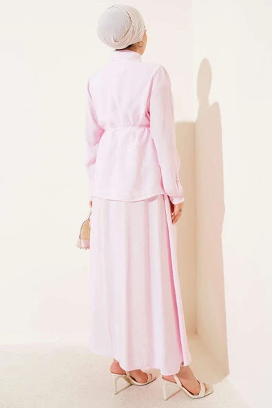 Gizli Düğmeli Kuşaklı Etekli İkili Takım Pembe - Resim 3