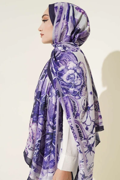 Şerit Geçişli Otantik Desenli Şal Lacivert - Resim 3