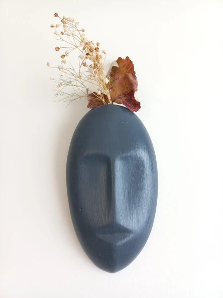 Dekoratif Maske Duvar Vazosu, Duvar Dekoru ,Heykel Duvar Süsü, Antrasit - Resim 2