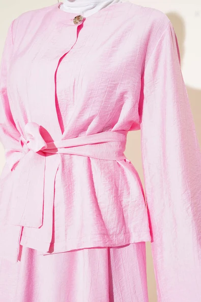 Belden Bağlamalı Etekli İkili Takım Pembe - Resim 4