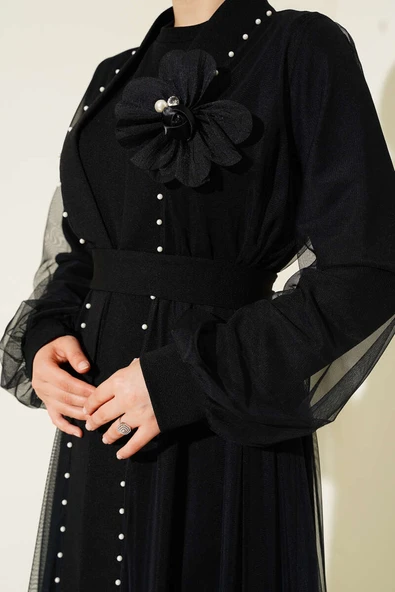 Gül Detaylı Abaya Siyah - Resim 4