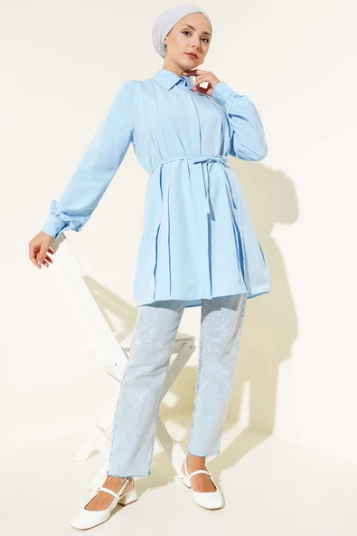 Önü Pensli İp Kuşaklı Tunik Buz Mavisi - Resim 2
