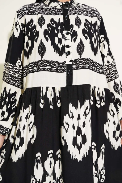 Desenli Yarım Düğme Detaylı Elbise Siyah - Resim 4