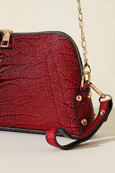 Fermuarlı Zincir Askılı Çanta Bordo Yılan - Resim 3