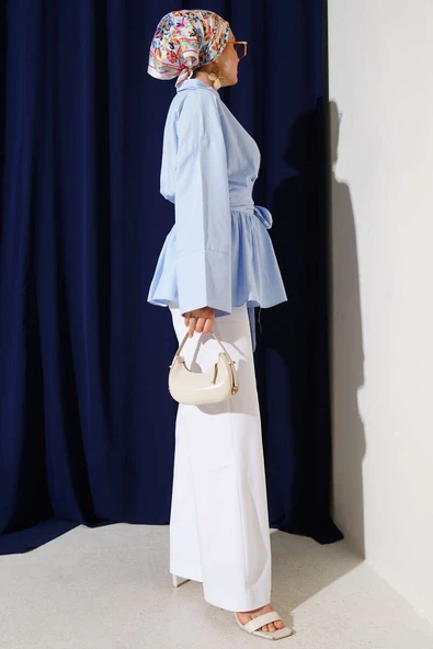 Kuşak Büzgülü Yarım Düğmeli Tunik Mavi - Resim 3