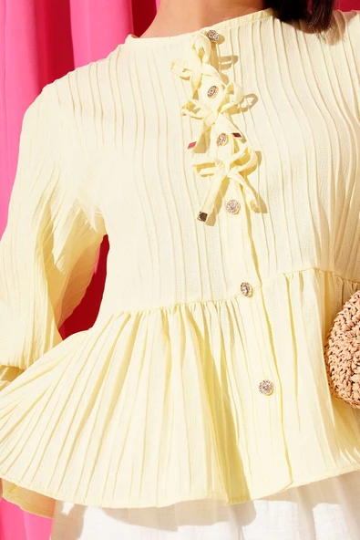 Kurdeleli Fırfır Detaylı Gömlek Sarı - Resim 4