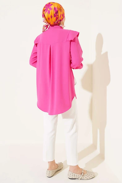 V Detaylı Gömlek Fuşya - Resim 3