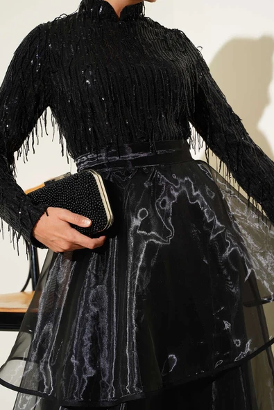 Pul Payetli Püsküllü Abiye Elbise Siyah - Resim 4