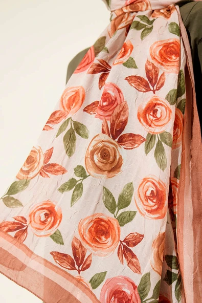 Floral Desenli Bambu Kraş Şal Taba - Resim 4