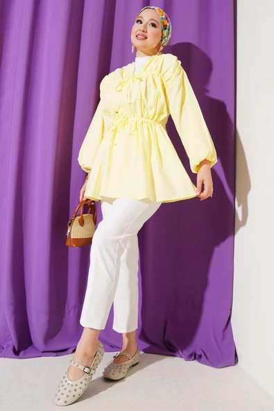 Büzgülü Önden Bağlamalı Kimono Sarı - 2