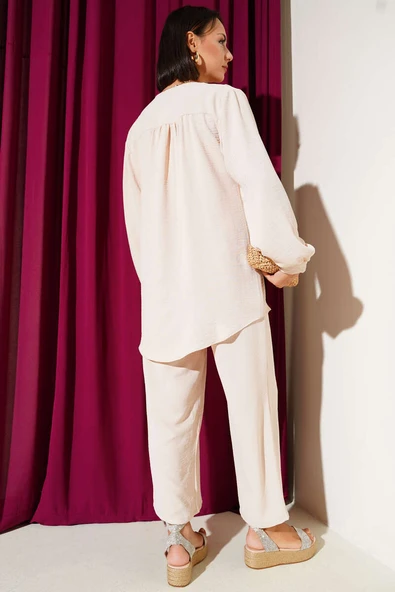 V Yaka Brit Düğmeli Ayrobin İkili Takım Bej - Resim 3