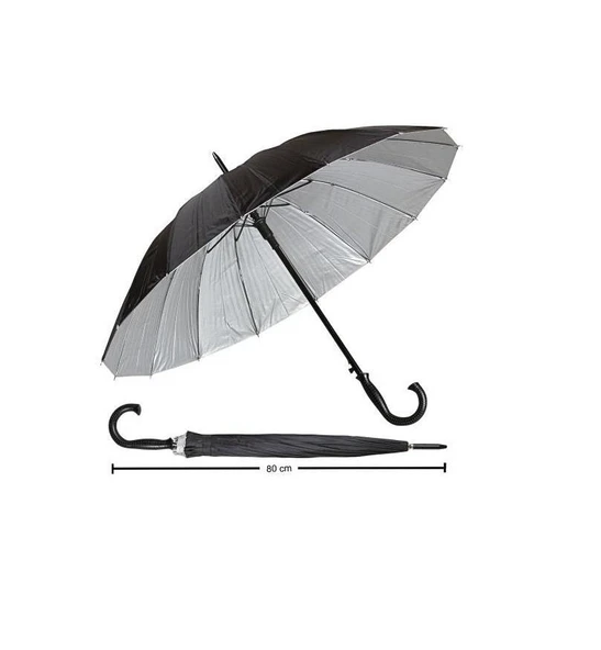Baston Şemsiye Siyah İçi Gümüş Renk RW86