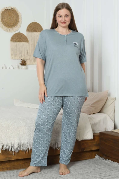 Flowery Nakışlı Kısa Kol Büyük Beden Pijama Takım Çağla Yeşili ürün görseli 1