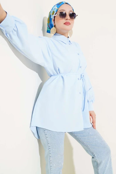 Roba Dikişli İp Kuşaklı Gömlek Buz Mavisi ürün görseli 1