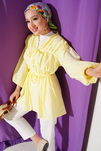 Büzgülü Önden Bağlamalı Kimono Sarı
