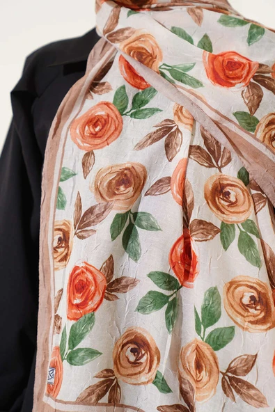 Floral Desenli Bambu Kraş Şal Camel - Resim 4
